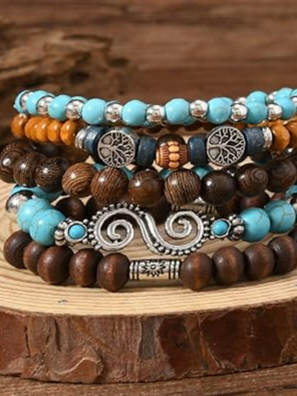 5 Boho Beaded Bracelet Set Stackable Stretchy Turquoise Boho Tree of Life